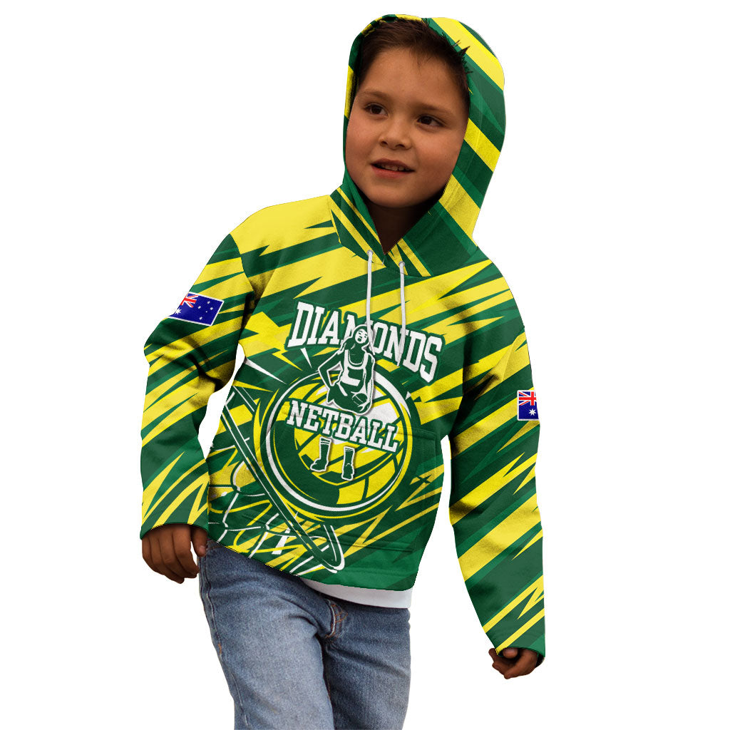 Australian Diamonds Netball Kid Hoodie Sharp Abstract Slash Pattern With Netball Graphic Art