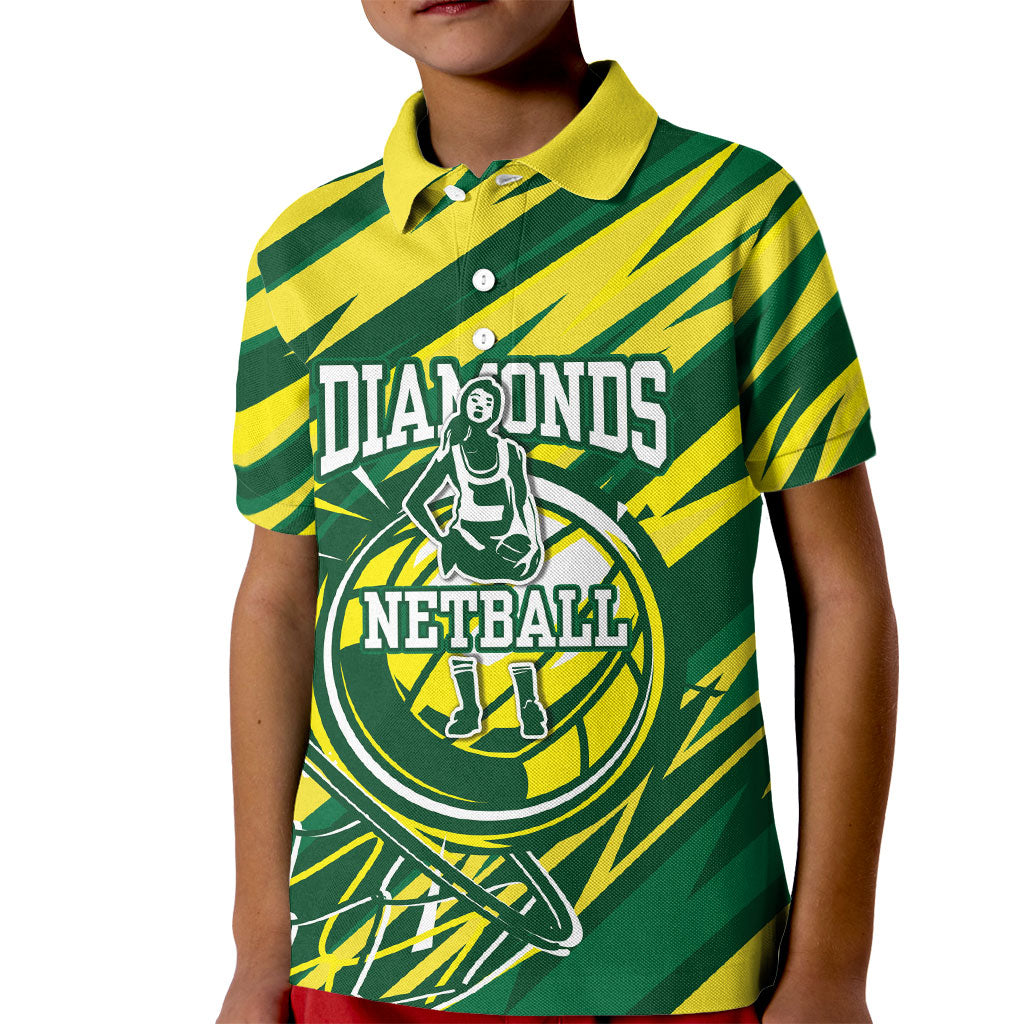 Australian Diamonds Netball Kid Polo Shirt Sharp Abstract Slash Pattern With Netball Graphic Art