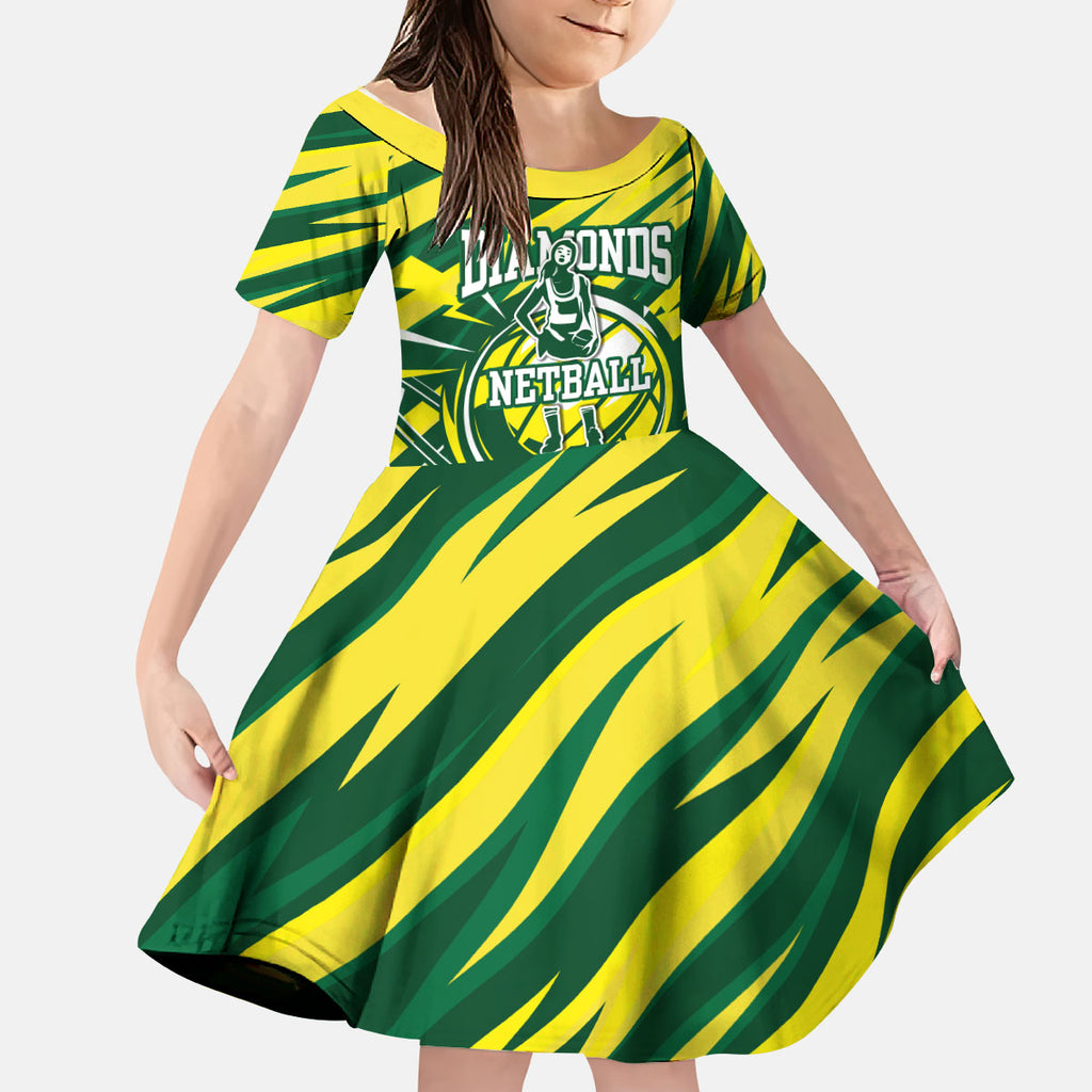 Australian Diamonds Netball Kid Short Sleeve Dress Sharp Abstract Slash Pattern With Netball Graphic Art