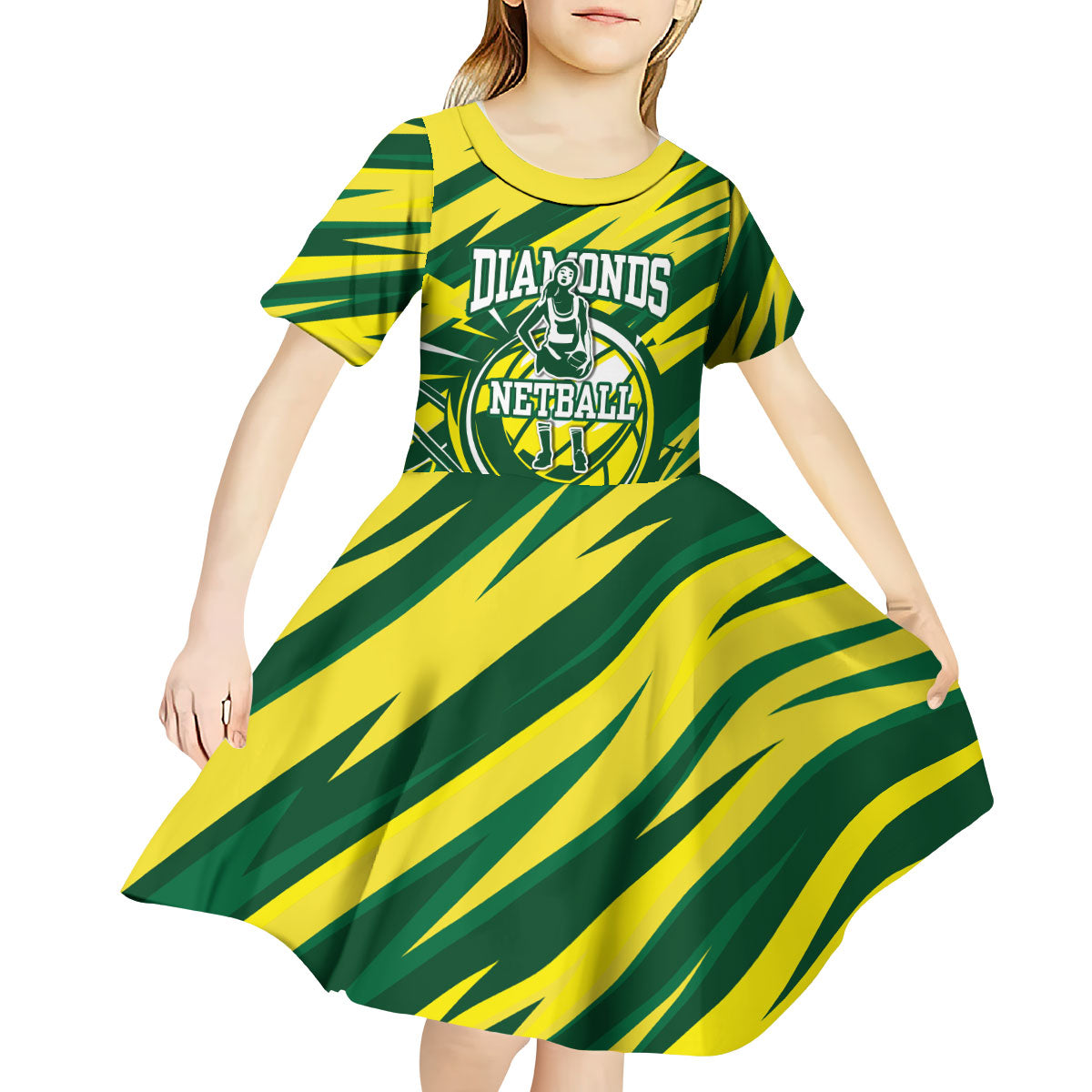 Australian Diamonds Netball Kid Short Sleeve Dress Sharp Abstract Slash Pattern With Netball Graphic Art