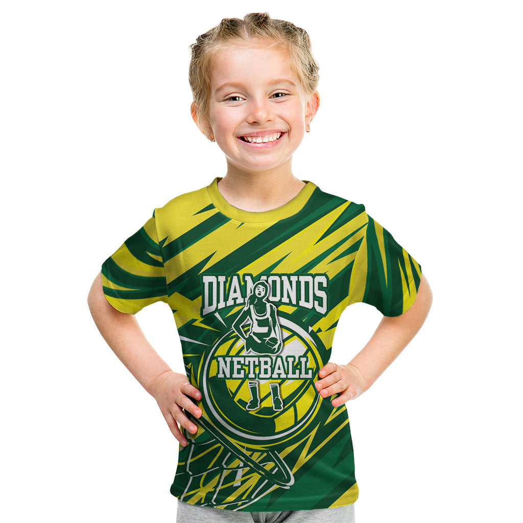Australian Diamonds Netball Kid T Shirt Sharp Abstract Slash Pattern With Netball Graphic Art