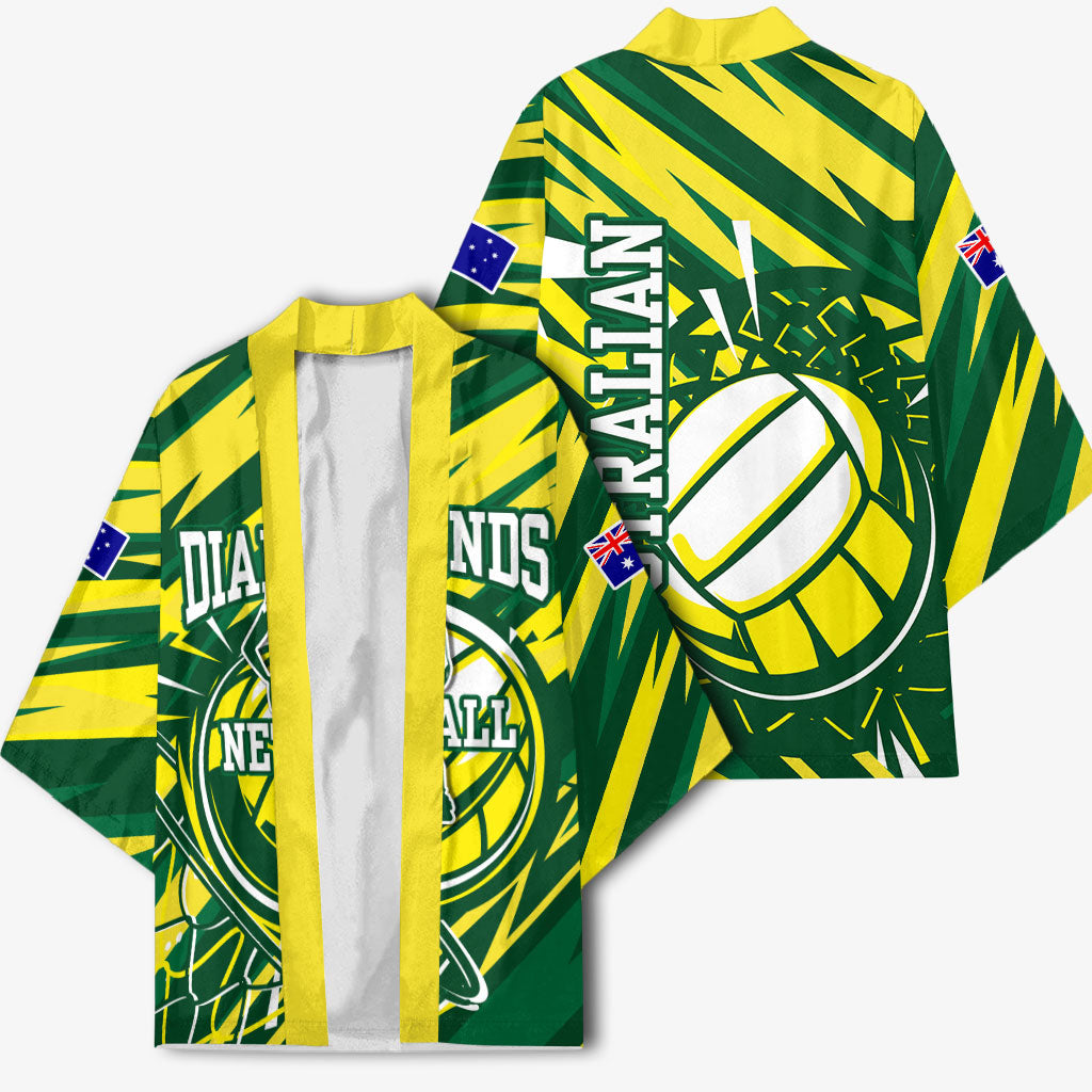 Australian Diamonds Netball Kimono Sharp Abstract Slash Pattern With Netball Graphic Art
