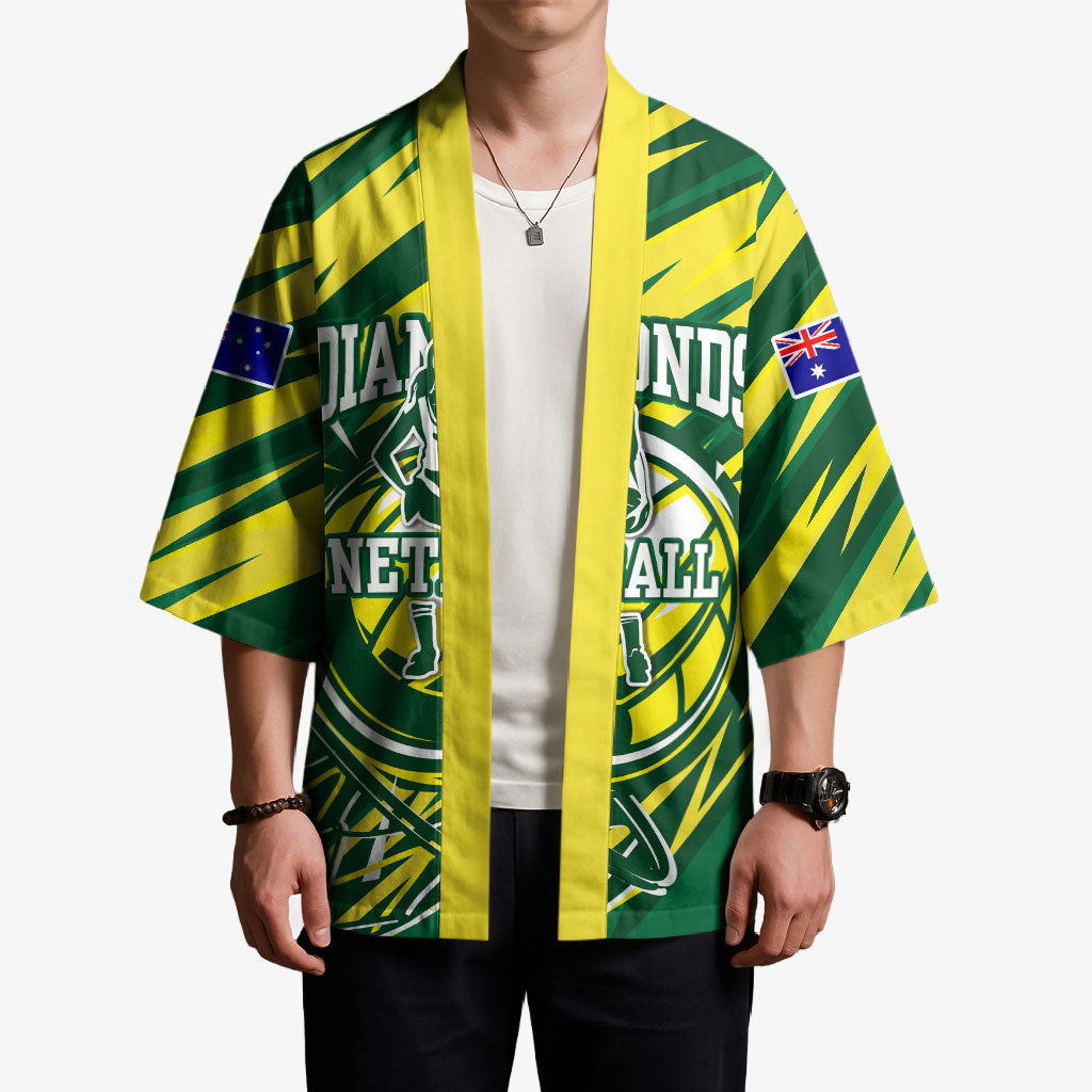 Australian Diamonds Netball Kimono Sharp Abstract Slash Pattern With Netball Graphic Art