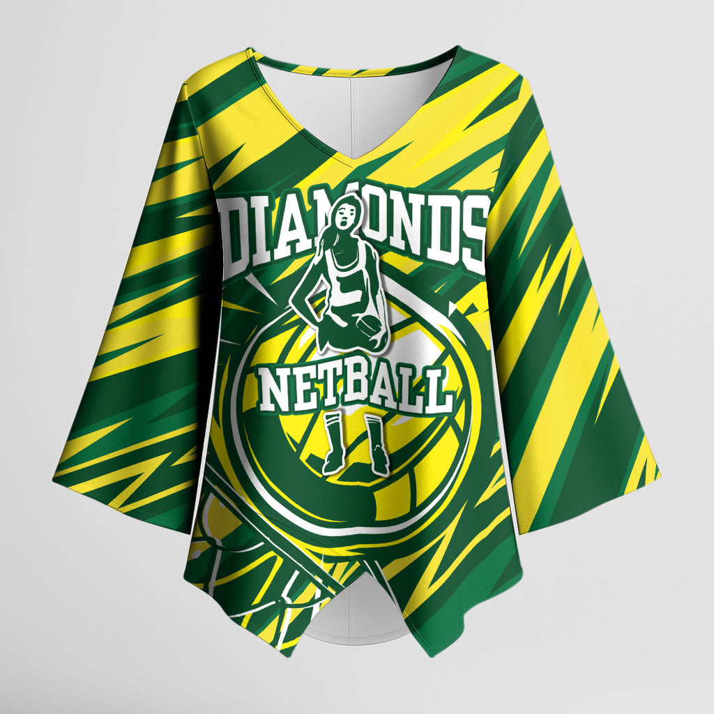 Australian Diamonds Netball Kimono Sleeve Blouse Sharp Abstract Slash Pattern With Netball Graphic Art