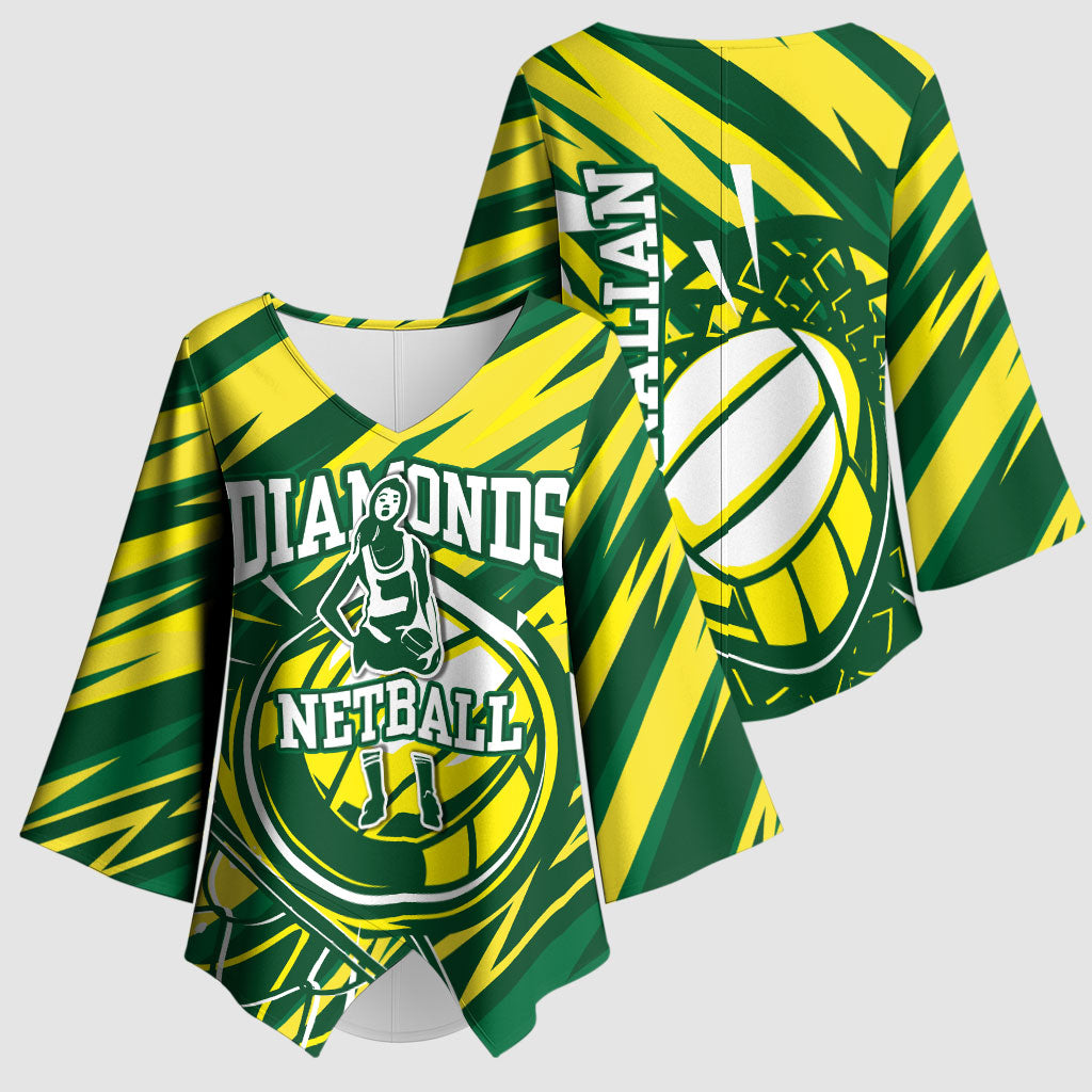 Australian Diamonds Netball Kimono Sleeve Blouse Sharp Abstract Slash Pattern With Netball Graphic Art