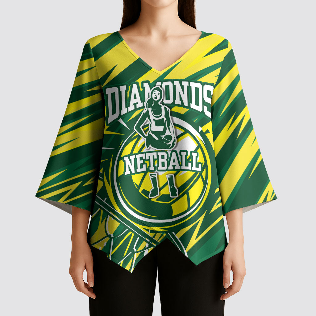 Australian Diamonds Netball Kimono Sleeve Blouse Sharp Abstract Slash Pattern With Netball Graphic Art