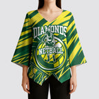 Australian Diamonds Netball Kimono Sleeve Blouse Sharp Abstract Slash Pattern With Netball Graphic Art