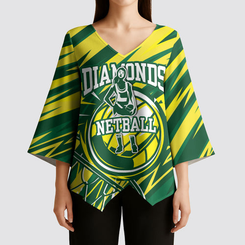 Australian Diamonds Netball Kimono Sleeve Blouse Sharp Abstract Slash Pattern With Netball Graphic Art