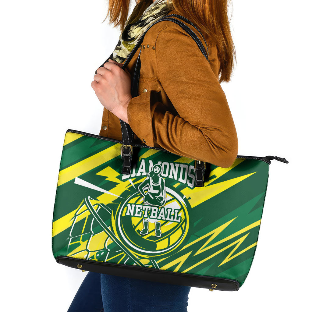Australian Diamonds Netball Leather Tote Bag Sharp Abstract Slash Pattern With Netball Graphic Art