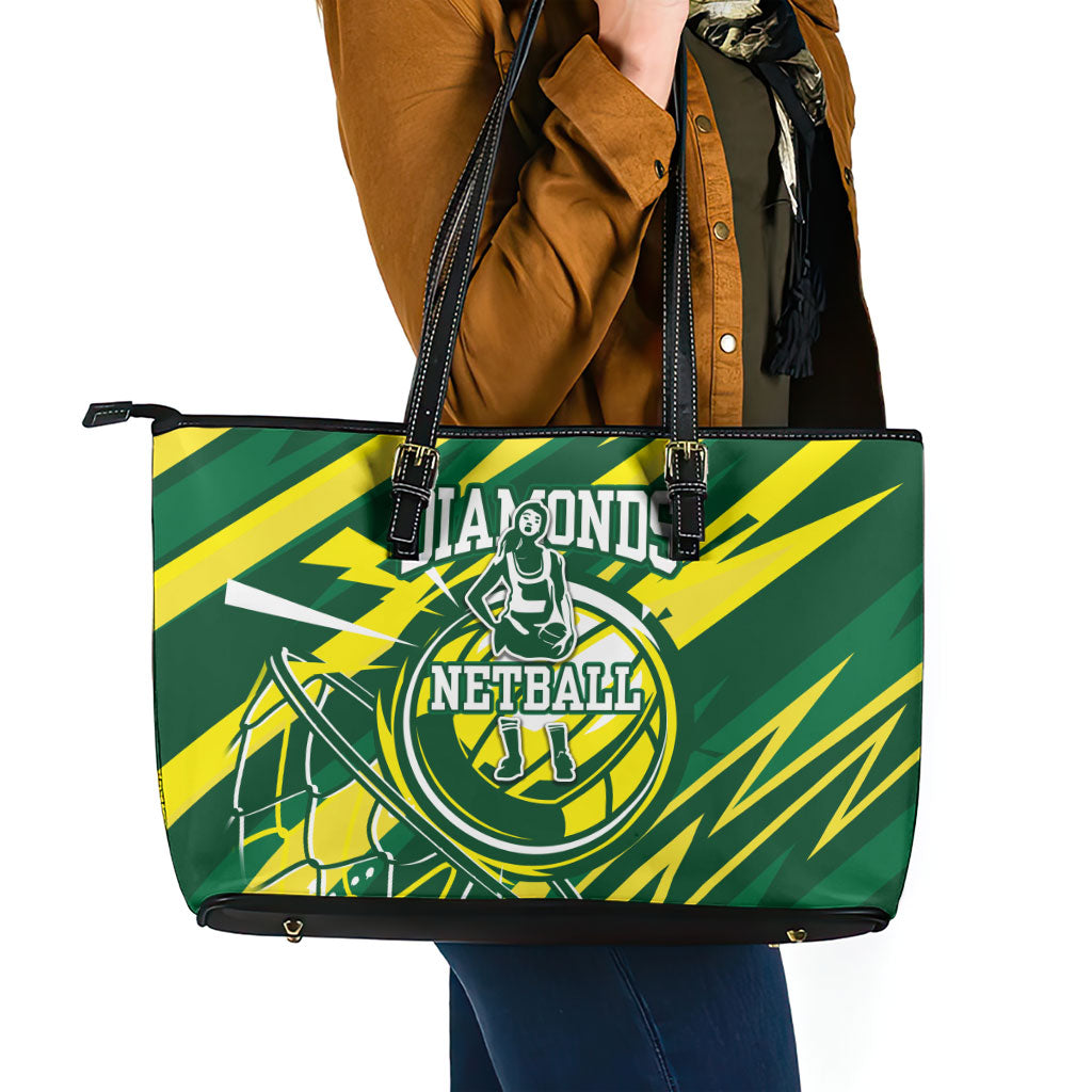 Australian Diamonds Netball Leather Tote Bag Sharp Abstract Slash Pattern With Netball Graphic Art