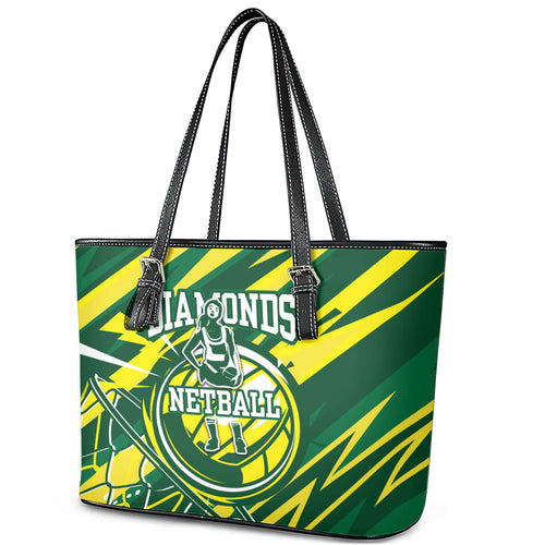 Australian Diamonds Netball Leather Tote Bag Sharp Abstract Slash Pattern With Netball Graphic Art