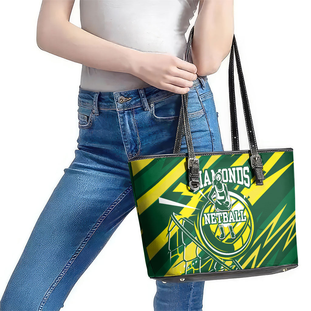 Australian Diamonds Netball Leather Tote Bag Sharp Abstract Slash Pattern With Netball Graphic Art