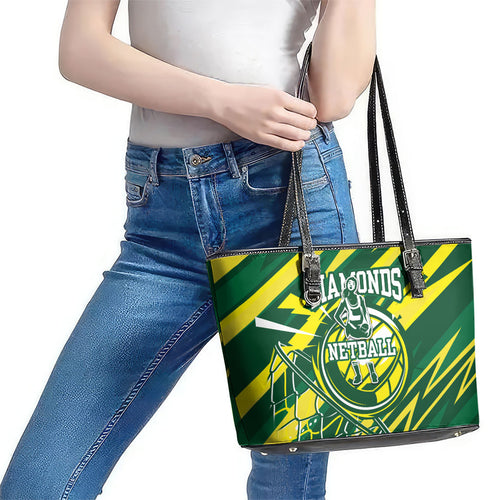 Australian Diamonds Netball Leather Tote Bag Sharp Abstract Slash Pattern With Netball Graphic Art