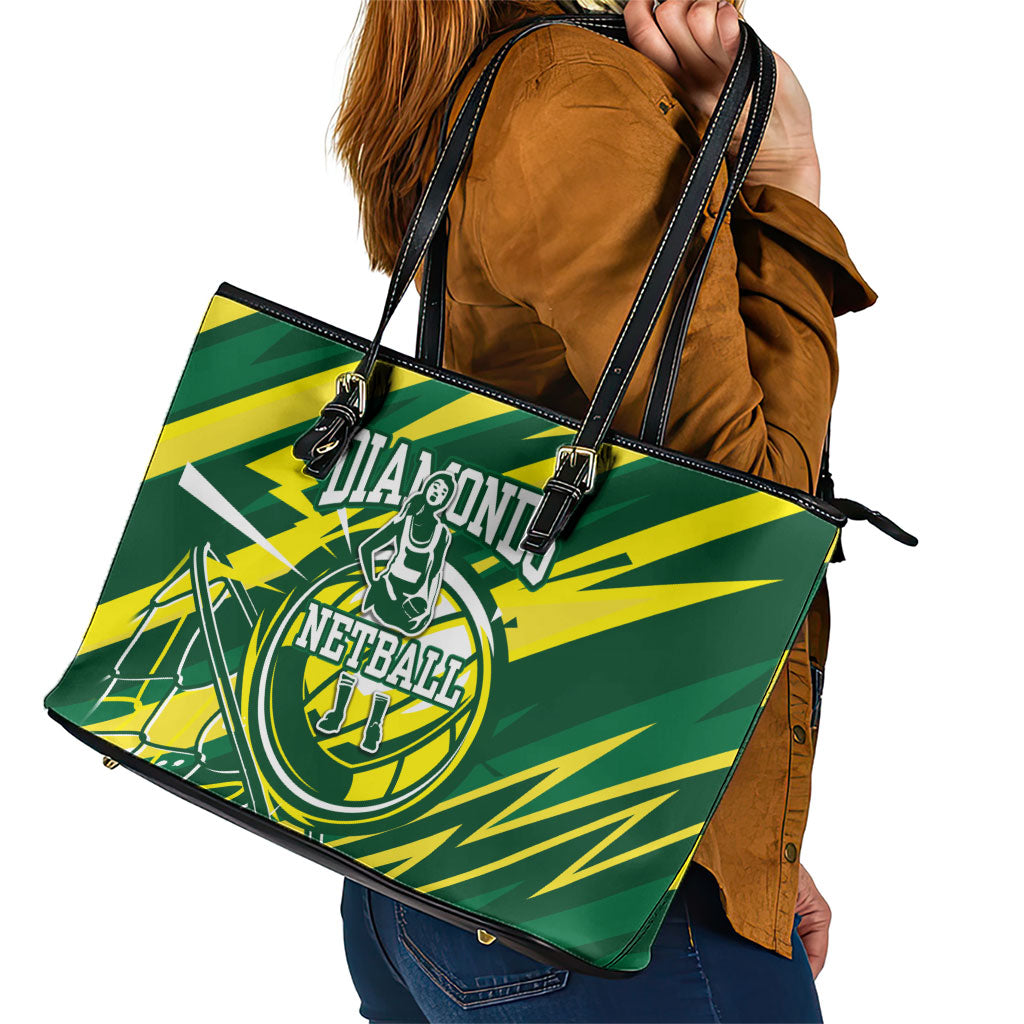 Australian Diamonds Netball Leather Tote Bag Sharp Abstract Slash Pattern With Netball Graphic Art