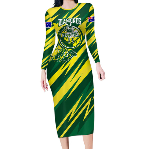 Australian Diamonds Netball Long Sleeve Bodycon Dress Sharp Abstract Slash Pattern With Netball Graphic Art