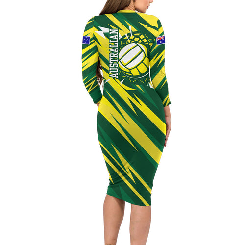Australian Diamonds Netball Long Sleeve Bodycon Dress Sharp Abstract Slash Pattern With Netball Graphic Art