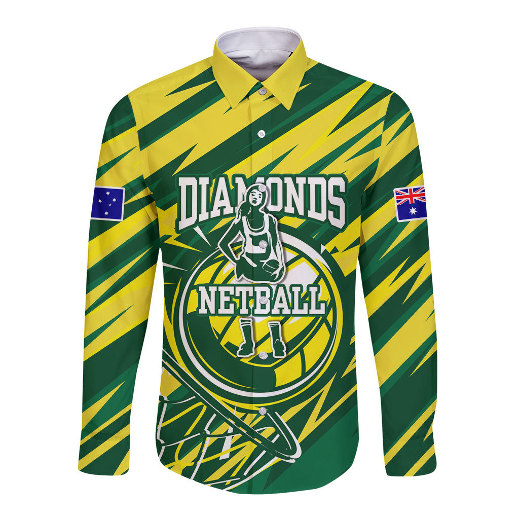 Australian Diamonds Netball Long Sleeve Button Shirt Sharp Abstract Slash Pattern With Netball Graphic Art