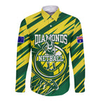 Australian Diamonds Netball Long Sleeve Button Shirt Sharp Abstract Slash Pattern With Netball Graphic Art
