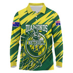Australian Diamonds Netball Long Sleeve Polo Shirt Sharp Abstract Slash Pattern With Netball Graphic Art