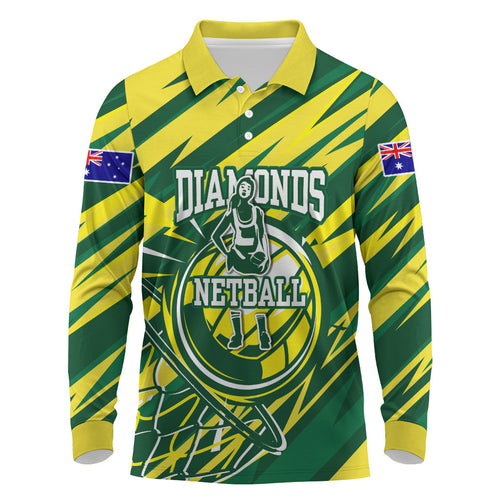Australian Diamonds Netball Long Sleeve Polo Shirt Sharp Abstract Slash Pattern With Netball Graphic Art