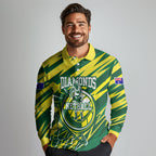 Australian Diamonds Netball Long Sleeve Polo Shirt Sharp Abstract Slash Pattern With Netball Graphic Art