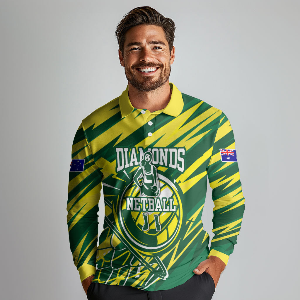 Australian Diamonds Netball Long Sleeve Polo Shirt Sharp Abstract Slash Pattern With Netball Graphic Art