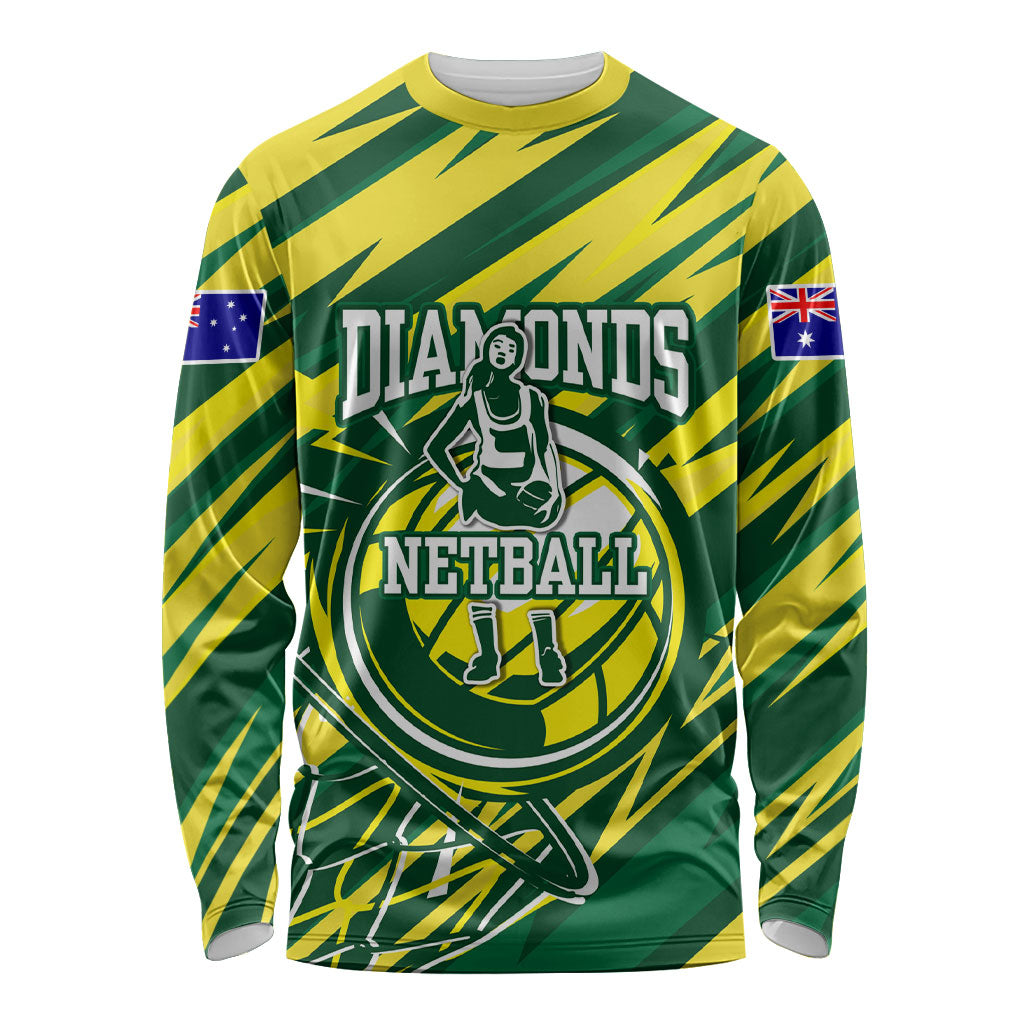 Australian Diamonds Netball Long Sleeve Shirt Sharp Abstract Slash Pattern With Netball Graphic Art