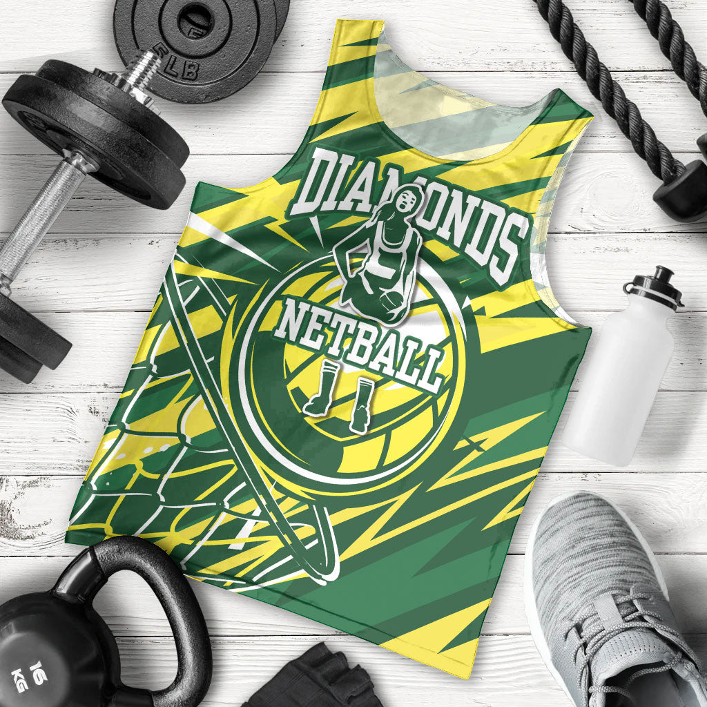 Australian Diamonds Netball Men Tank Top Sharp Abstract Slash Pattern With Netball Graphic Art