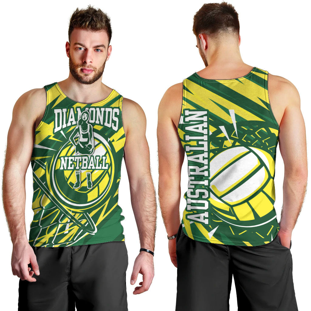 Australian Diamonds Netball Men Tank Top Sharp Abstract Slash Pattern With Netball Graphic Art