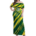 Australian Diamonds Netball Off Shoulder Maxi Dress Sharp Abstract Slash Pattern With Netball Graphic Art