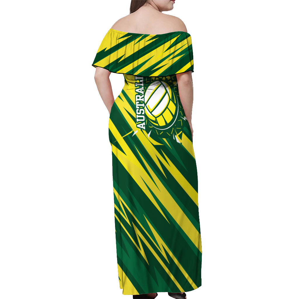 Australian Diamonds Netball Off Shoulder Maxi Dress Sharp Abstract Slash Pattern With Netball Graphic Art