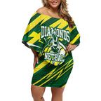 Australian Diamonds Netball Off Shoulder Short Dress Sharp Abstract Slash Pattern With Netball Graphic Art