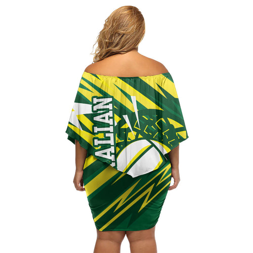 Australian Diamonds Netball Off Shoulder Short Dress Sharp Abstract Slash Pattern With Netball Graphic Art
