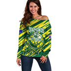 Australian Diamonds Netball Off Shoulder Sweater Sharp Abstract Slash Pattern With Netball Graphic Art