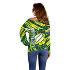 Australian Diamonds Netball Off Shoulder Sweater Sharp Abstract Slash Pattern With Netball Graphic Art