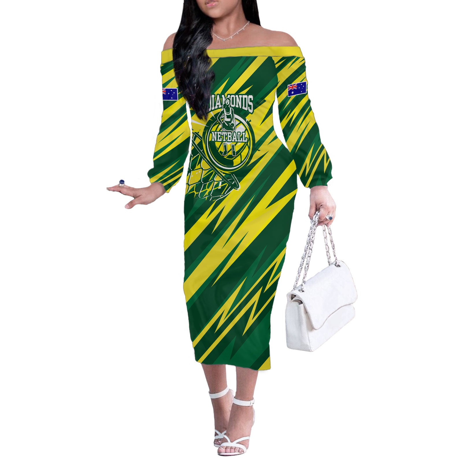 Australian Diamonds Netball Off The Shoulder Long Sleeve Dress Sharp Abstract Slash Pattern With Netball Graphic Art