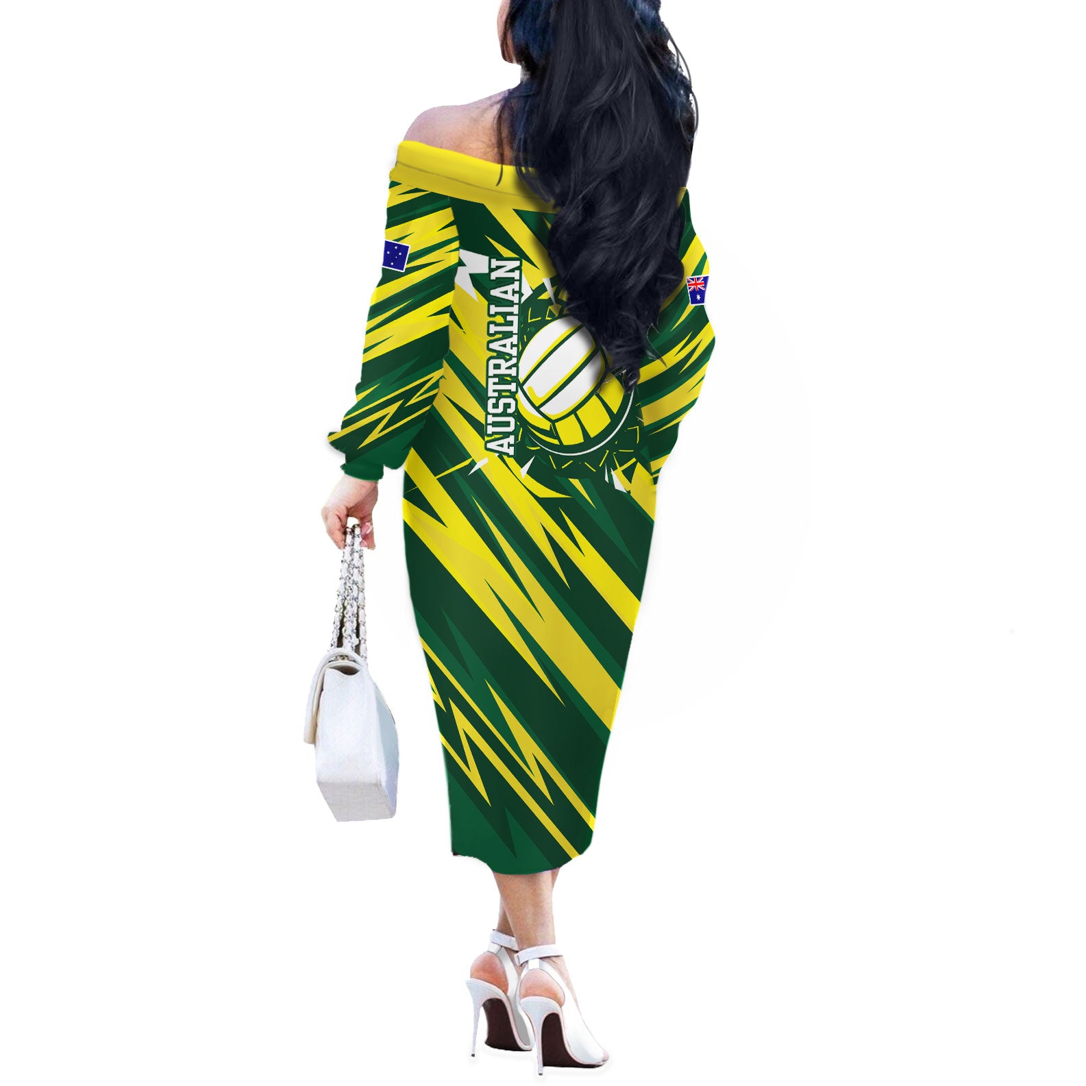 Australian Diamonds Netball Off The Shoulder Long Sleeve Dress Sharp Abstract Slash Pattern With Netball Graphic Art