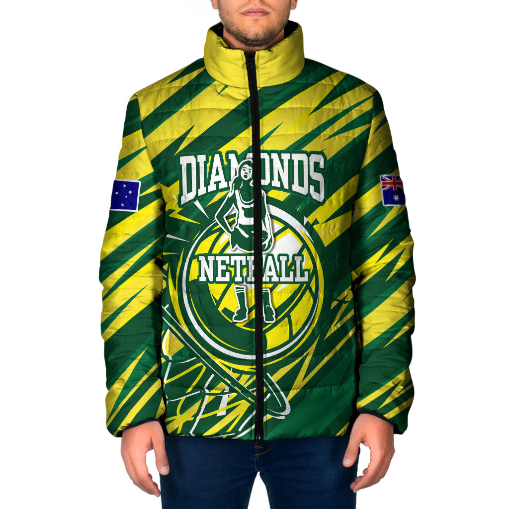 Australian Diamonds Netball Padded Jacket Sharp Abstract Slash Pattern With Netball Graphic Art