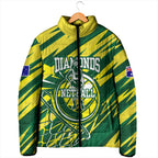 Australian Diamonds Netball Padded Jacket Sharp Abstract Slash Pattern With Netball Graphic Art