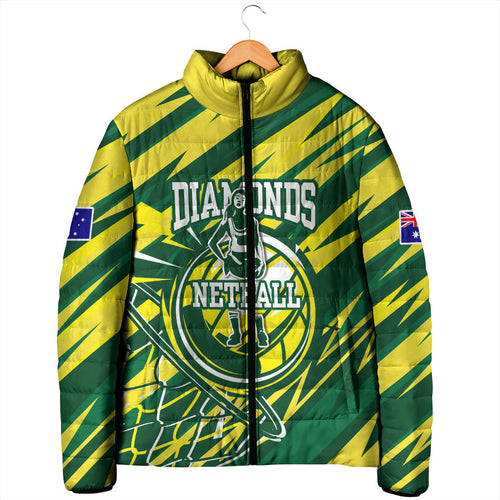 Australian Diamonds Netball Padded Jacket Sharp Abstract Slash Pattern With Netball Graphic Art