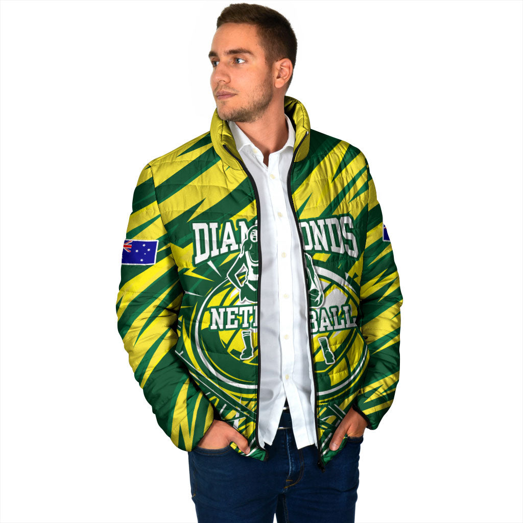 Australian Diamonds Netball Padded Jacket Sharp Abstract Slash Pattern With Netball Graphic Art
