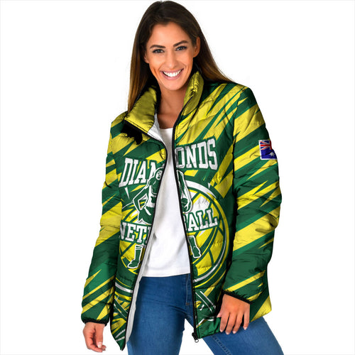 Australian Diamonds Netball Padded Jacket Sharp Abstract Slash Pattern With Netball Graphic Art