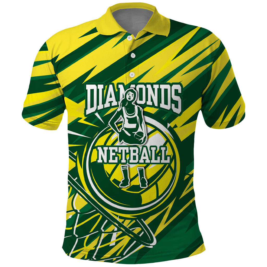 Australian Diamonds Netball Polo Shirt Sharp Abstract Slash Pattern With Netball Graphic Art