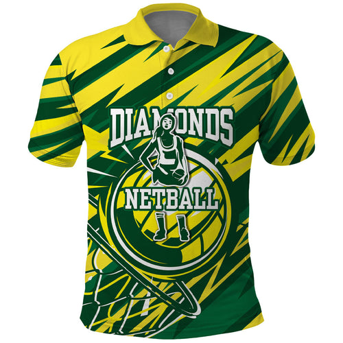 Australian Diamonds Netball Polo Shirt Sharp Abstract Slash Pattern With Netball Graphic Art