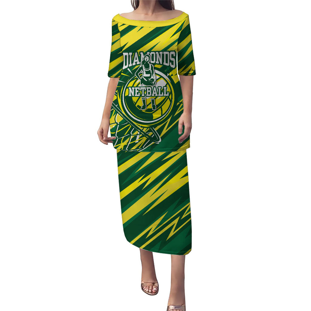 Australian Diamonds Netball Puletasi Sharp Abstract Slash Pattern With Netball Graphic Art
