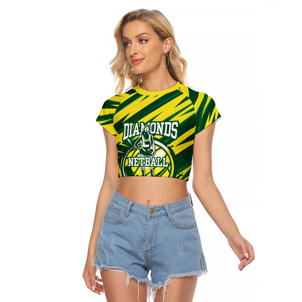 Australian Diamonds Netball Raglan Cropped T Shirt Sharp Abstract Slash Pattern With Netball Graphic Art
