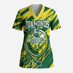 Australian Diamonds Netball Scrub Top Sharp Abstract Slash Pattern With Netball Graphic Art