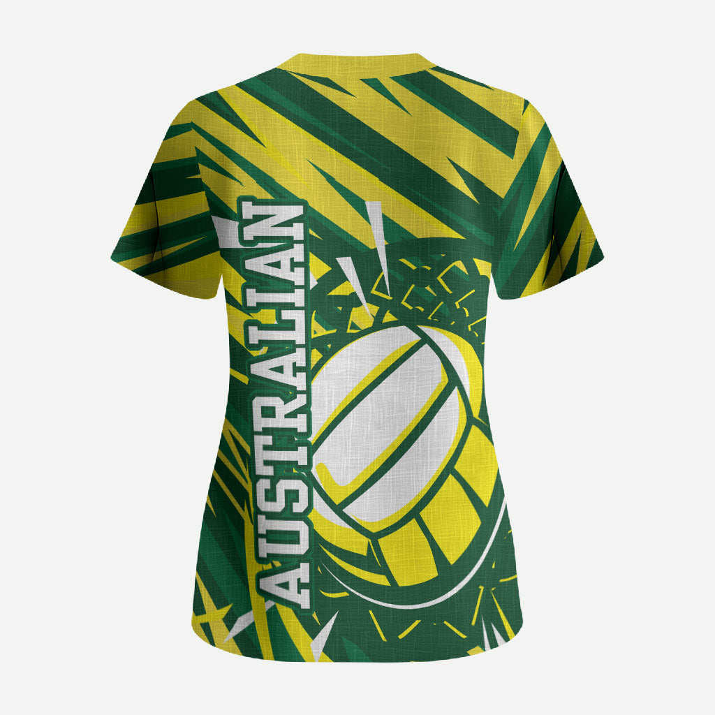 Australian Diamonds Netball Scrub Top Sharp Abstract Slash Pattern With Netball Graphic Art