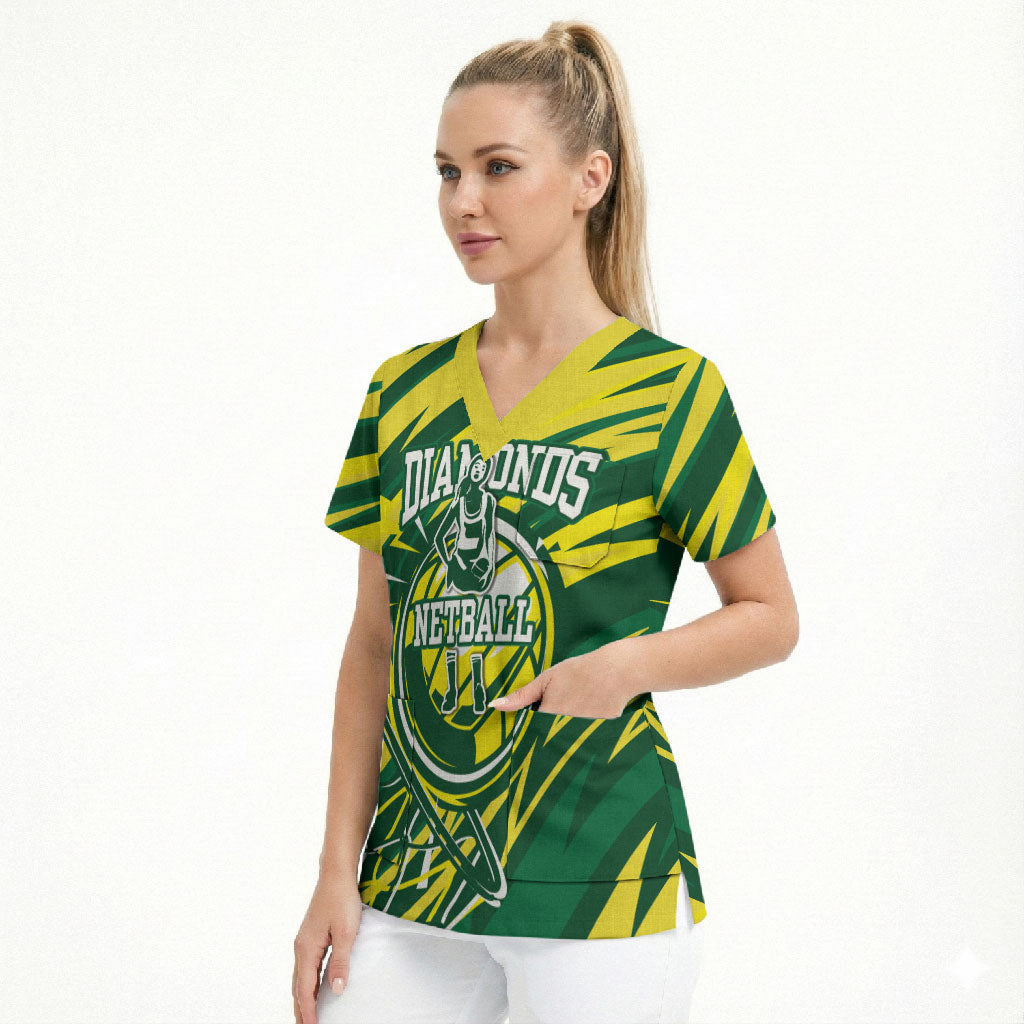 Australian Diamonds Netball Scrub Top Sharp Abstract Slash Pattern With Netball Graphic Art