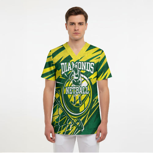 Australian Diamonds Netball Scrub Top Sharp Abstract Slash Pattern With Netball Graphic Art
